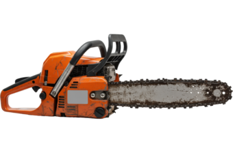 A weathered orange and red industrial chainsaw with a long rusty bar, isolated on a white background in a studio. Concept of rugged industrial functionality