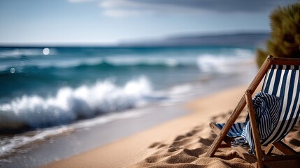 Relaxing lounge chair on a sunlit beach with gentle waves lapping at the shore during a serene afternoon