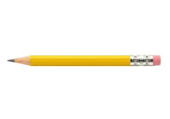 A hyper-realistic macro close-up of a new cadmium yellow pencil with a pink eraser isolated on a transparent background. Concept of creativity and education