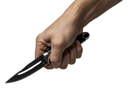Tense muscular hand gripping a sharp chrome stiletto knife on an transparent background in dramatic light. Concept of controlled aggression