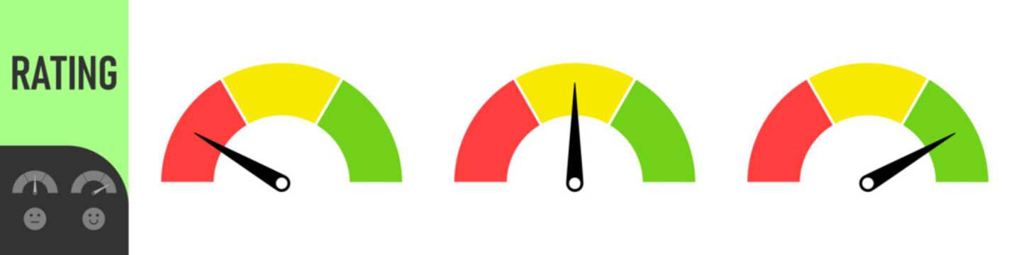Colorful rating meter icons, Gauges and emoji with happy, neutral, and sad faces showing satisfaction performance levels from low (red) to high (green) for feedback, review, and evaluation