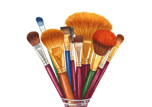 A watercolor illustration of artistic painting and makeup brushes in a vibrant bouquet, isolated on a white background with copy space. Concept of artistry and craft