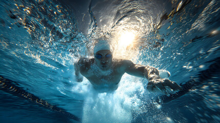 Un nageur sous l'eau, se d&eacute;pla&ccedil;ant rapidement dans une piscine pendant une comp&eacute;tition.