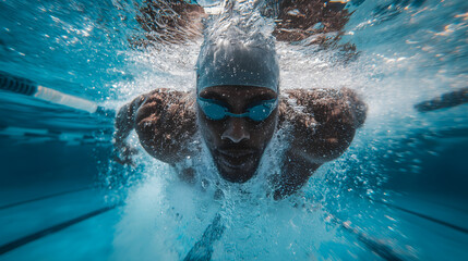 Un nageur se d&eacute;place sous l'eau dans une piscine pendant une comp&eacute;tition.