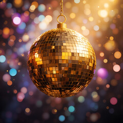 Obraz premium Golden disco ball hangs suspended against a vibrant bokeh background creating a festive and energetic party atmosphere