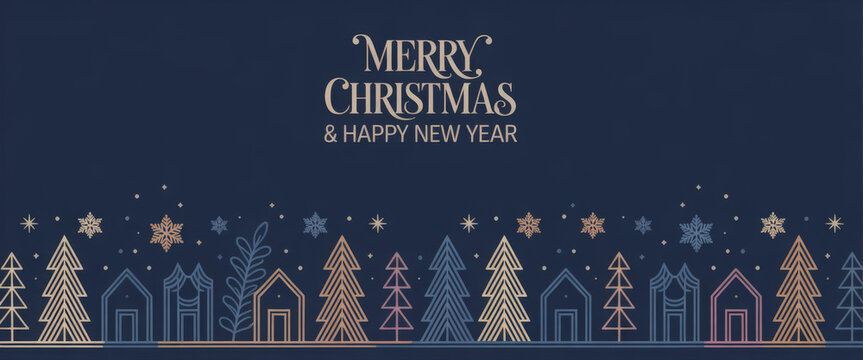 Elegant Merry Christmas and Happy New Year vector design featuring trees houses and snowflakes on a dark blue background perfect for holiday greeting cards and banners