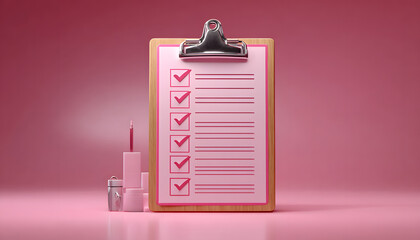 A clipboard displaying a checklist with checkmarks and blank lines, set against a vibrant pink background.