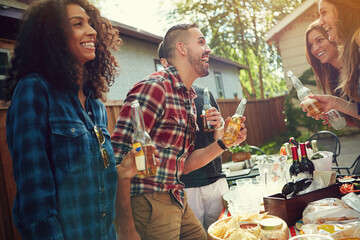 Man, laugh and beer at party in backyard, friends and bonding for reunion, memory and weekend. People, group and happy outdoor for drinks, alcohol or bottle at social gathering on holiday in summer