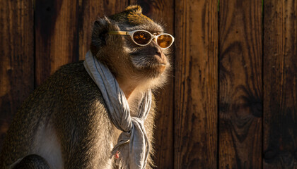 Chic macaque enjoying the golden hour with a unique sense of style and flair, posing casually against a rustic wooden backdrop while wearing trendy sunglasses and a white scarf