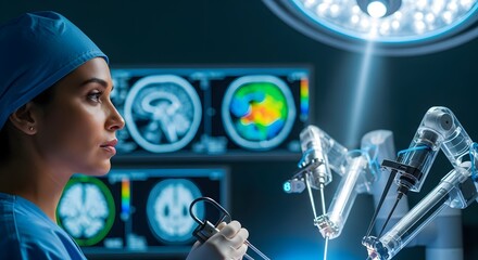 Surgeon operating with robotic arm and brain scans in modern operating room.