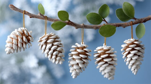 Colorful pine cones decorated with leaves are hanging on twine against a blurred green background with soft lights