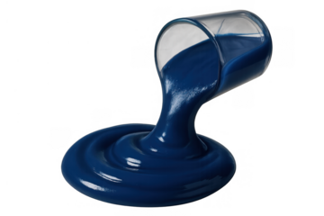 Blue viscous liquid pouring from glass bottle and forming a thick puddle, transparent background isolated object