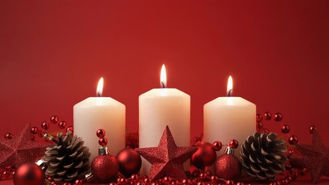 velas navide&ntilde;as encendidas rodeadas de ramas de pino, acebo, esferas rojas y flores de pascua, todo sobre un fondo rojo c&aacute;lido y festivo.