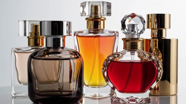 Assortment of luxury perfume bottles with colorful liquid isolated on white background