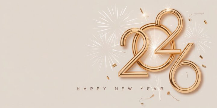 Elegant golden 2026 new year design with fireworks and confetti perfect for holiday greetings and festive backgrounds