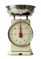 Extreme macro shot of a vintage cream mechanical kitchen scale, red numerals, and weathered metal bowl isolated against a stark white background, concept of nostalgic utility and precision