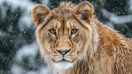 Obraz premium Close Up Portrait Of A Lioness In Winter Snow female animal Photo