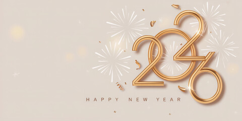 Elegant golden 2026 new year design with fireworks festive background for holiday celebrations and seasonal greetings