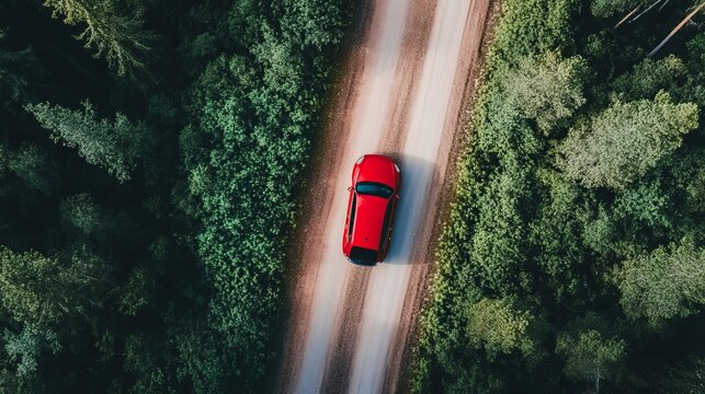 Aerial View of a Red Vehicle on a Scenic Journey Through Finnish Lapland s Evergreen Forests