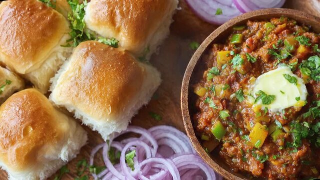 Pav bhaji served with soft buttered bread rolls and onion slices on wood