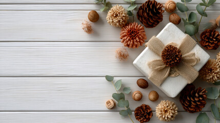 Rustic gift box with burlap bow and natural pine cone accents on white wooden plank backdrop