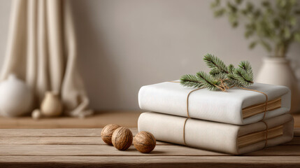 White wrapped gift with pine sprig on wooden table evoking warm cozy holiday scene