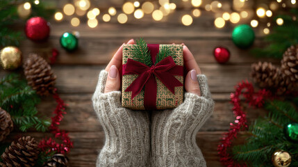 Cozy rustic christmas gift hands in warm grey knitted gloves holding small wrapped present with bokeh lights