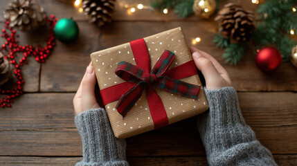 Cozy hands holding wrapped Christmas gift with red ribbon and rustic decorations, warm holiday atmosphere
