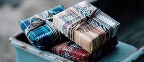 Holiday flower arrangements with pinecones on a rustic truck bed in a forest setting