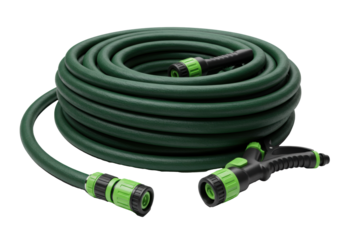 A new dark green pvc garden hose with an adjustable spray nozzle, perfectly coiled on a transparent studio background. Professional gardening tools concept