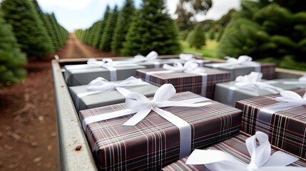 Holiday flower arrangements with pinecones on a rustic truck bed in a forest setting