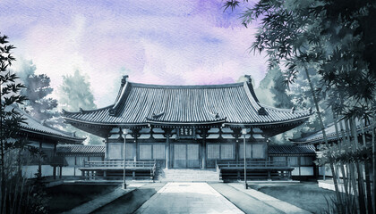 Artistic rendering of a traditional Japanese temple, highlighting its classic architectural design and peaceful setting among trees, symbolizing cultural heritage and tranquility