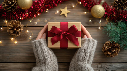 Cozy hands holding wrapped gift with red ribbon on rustic wooden table surrounded by pine cones and festive lights