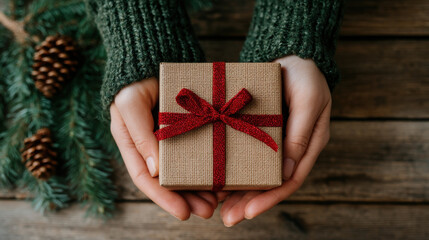 Cozy hands holding small wrapped gift with red ribbon and pine accents, warm holiday feeling
