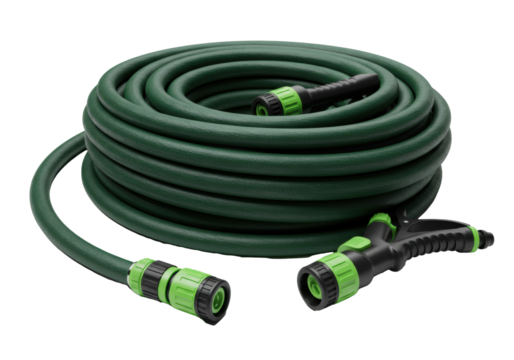 A new dark green pvc garden hose with an adjustable spray nozzle, perfectly coiled on a transparent studio background. Professional gardening tools concept - Powered by Adobe