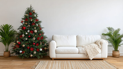 Cozy Christmas living room interior with decorated tree sofa blanket and plants creating warm festive atmosphere