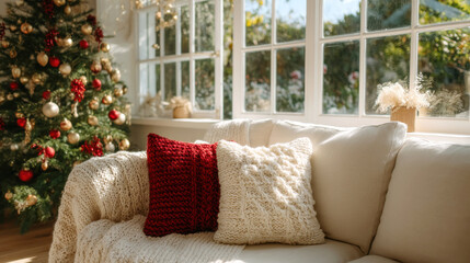 Cozy knitted throw and red pillow on cream sofa by decorated Christmas tree, warm sunlight and festive atmosphere