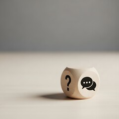 Wooden dice with question mark and speech bubble icons on table