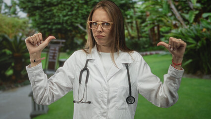 Woman doctor in white coat with stethoscope and thumbs pointing to herself on a bench in a forest...