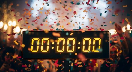 Countdown clock displaying zero hour moment amidst falling colorful confetti creating anticipation and excitement for new beginnings reaching two hundred characters