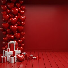 Romantic valentine s day scene with gifts and red heart balloons