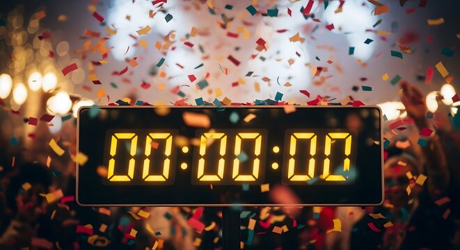 Countdown clock displaying zero hour moment amidst falling colorful confetti creating anticipation and excitement for new beginnings reaching two hundred characters