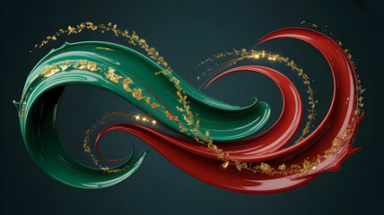 Abstract flowing ribbon shape in festive green and red colors with gold glitter