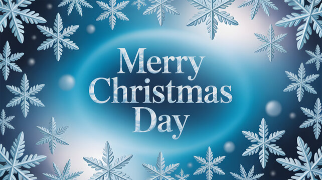 Merry christmas day greeting card design with blue background and ice crystal snowflake border