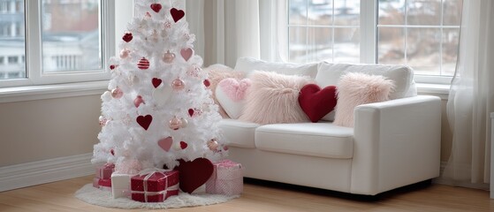 Naklejka premium Decorated Christmas tree with presents in a bright living room during winter