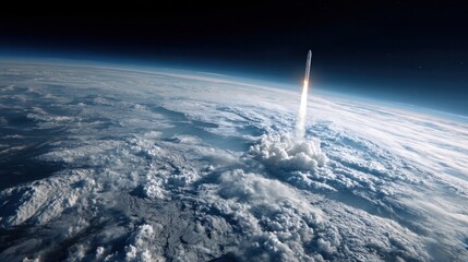 Naklejka premium A powerful rocket ascends into the sky leaving a trail of smoke as it breaks through the clouds. This dramatic launch showcases human innovation and the desire to explore beyond Earth.