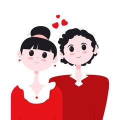 Illustration in a simple flat style with couple characters. Boy and girl. Lovers. Template for invitations, social media posts, notices, flyers, stickers, etc. Illustration. EPS 10