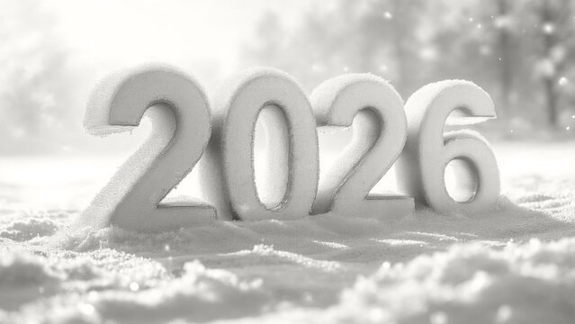 Numbers 2026 covered in snow, symbolizing the upcoming new year celebration. Modern trendy tone hue shade color of the year