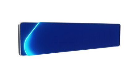 A modern sapphire blue and silver chrome lower third title bar with luminous cyan gradient glow on a white background with copy space. Concept for broadcast news graphic