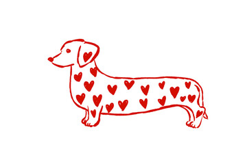 Red heart patterned Dachshund dog illustration, isolated on transparent background
